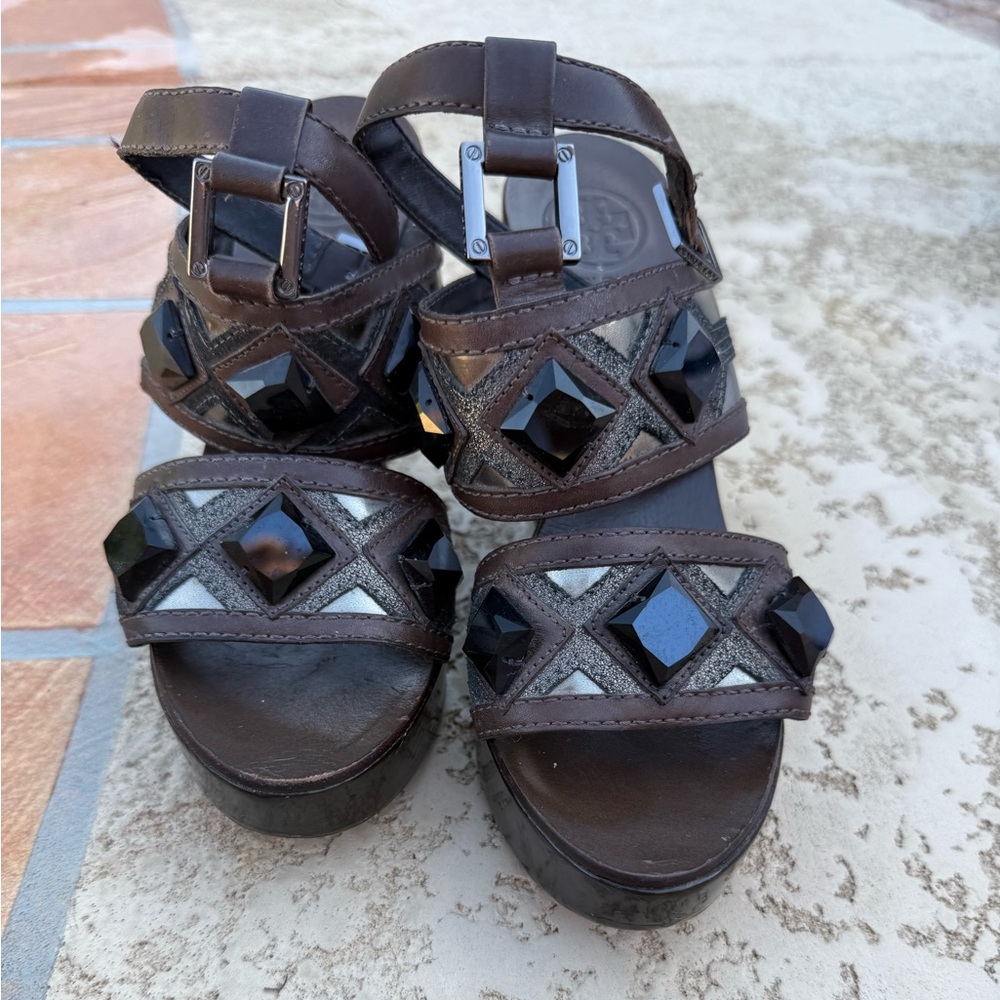 Tory Burch Brown Jeweled Wedge Sandals – Size 5.5